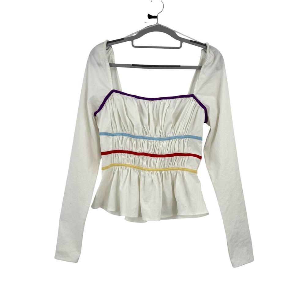 The East Order White Long Sleeve Smocked Peplum Top with Multicolor Trim Size M